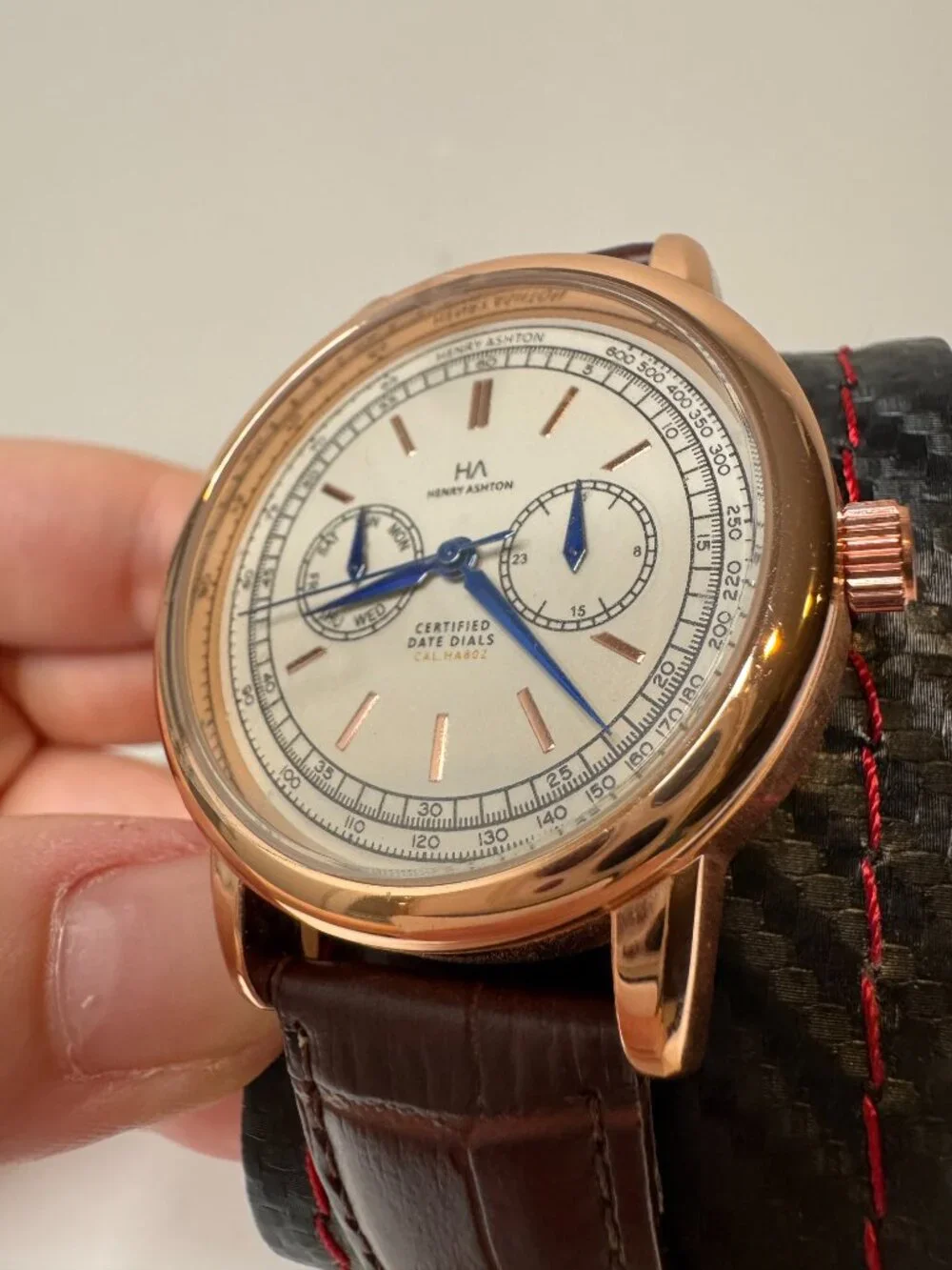 NWOT Henry Ashton Certified Date Dials Watch White Dial Blue Hand Brown Leather